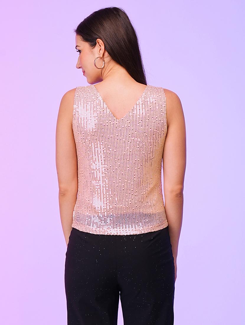 globus women rose gold round neck sequinned party top - 21116290 - Standard Image - 2