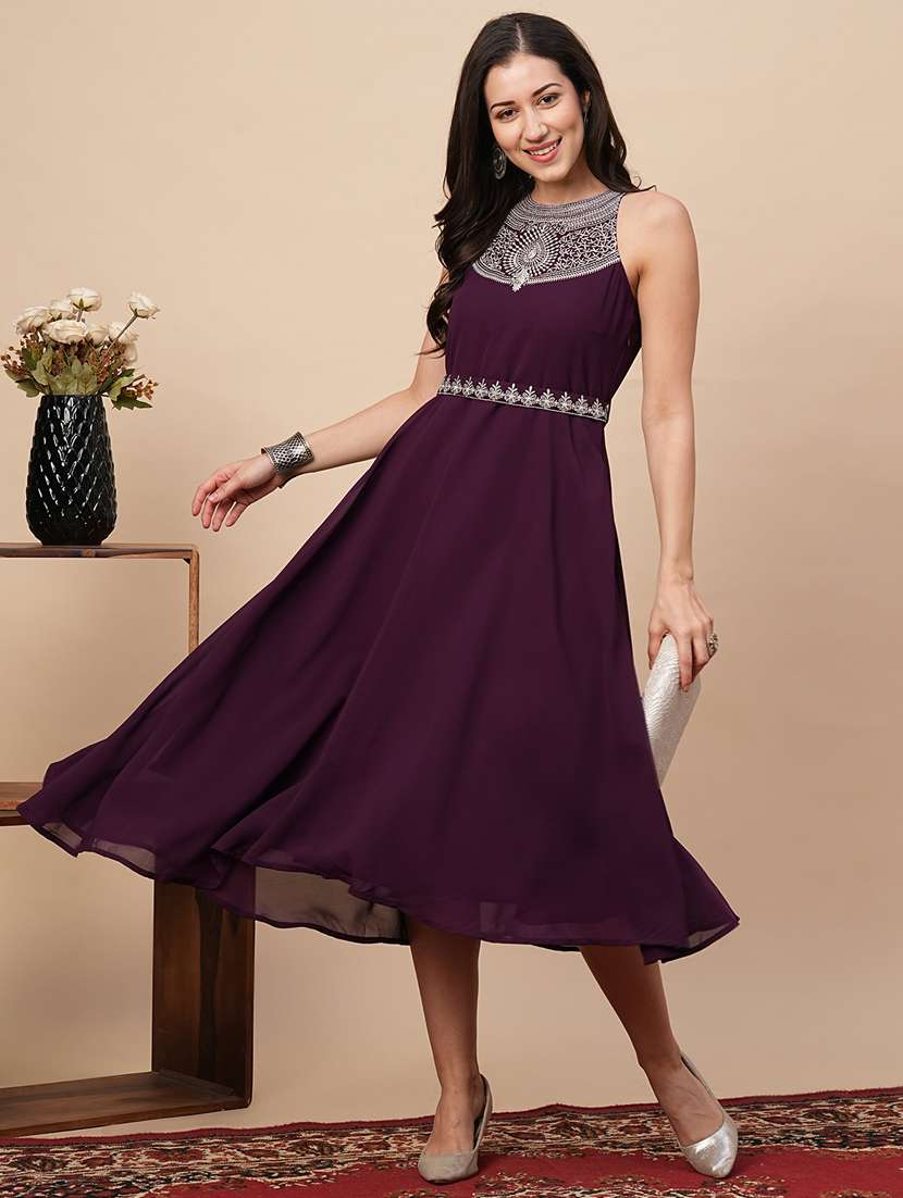 purple embroidered a-line ethnic dress
