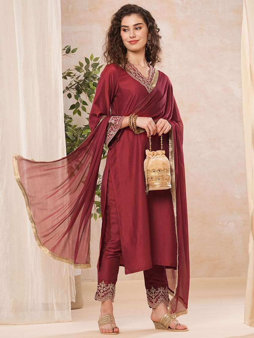 women maroon embroidered v-neck bell sleeve kurta set with fringed chiffon dupatta 