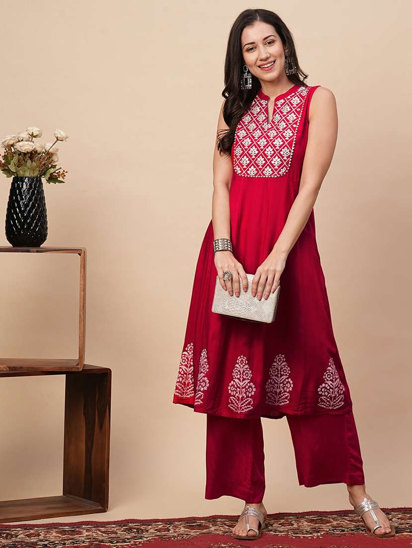 globus women red embroidered yoke panelled a-line kurta with straight pants