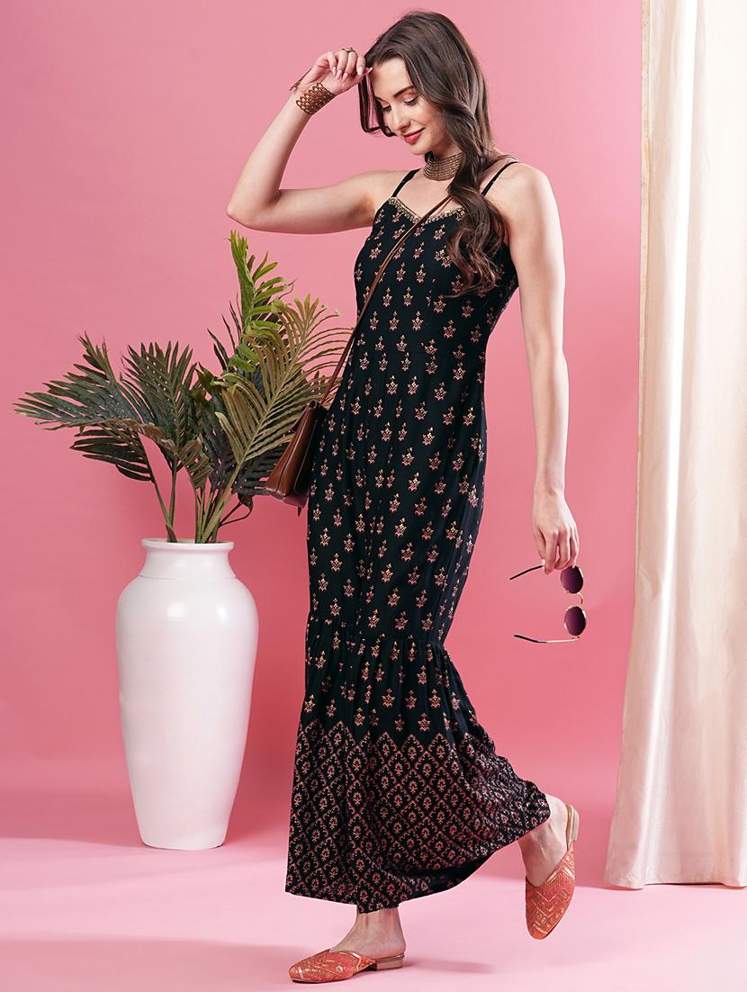 women printed shoulder strap full length jumpsuit