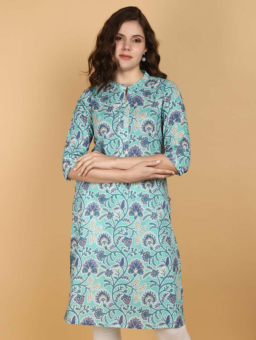 women printed mandrain neck straight kurta