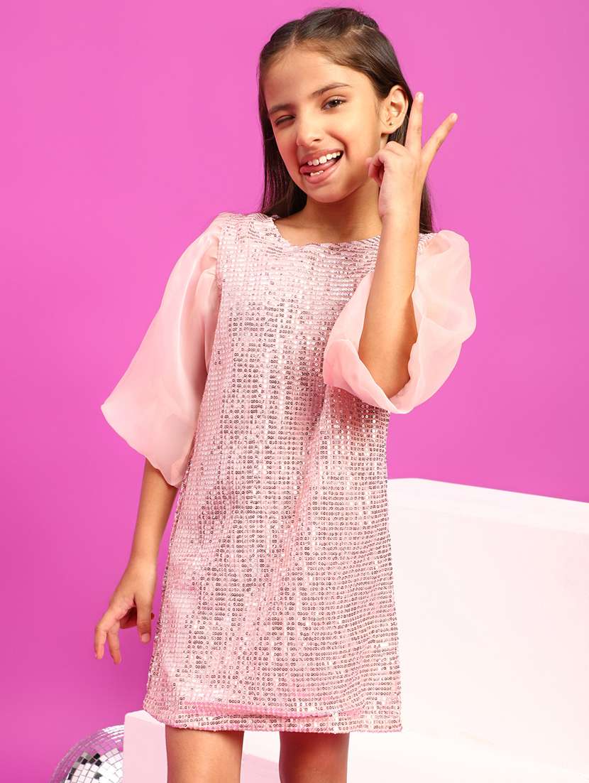 girls peach sequined frock