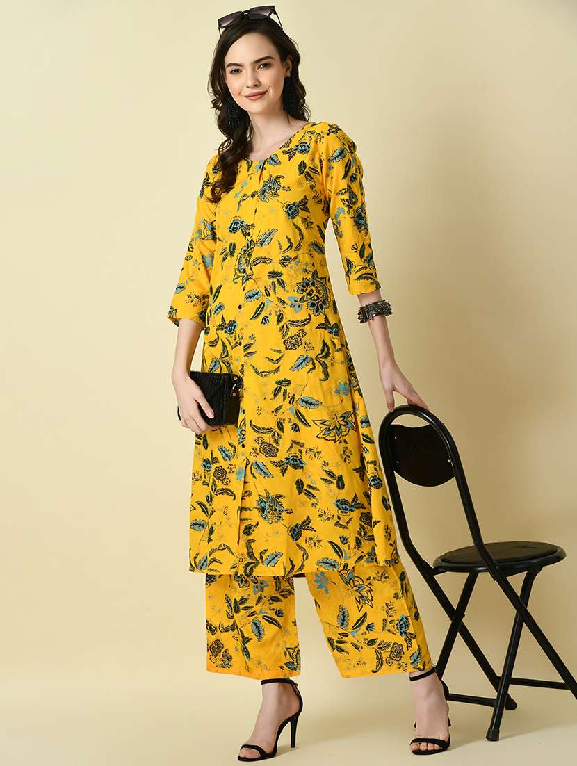 women yellow floral printed kurta & palazzo set