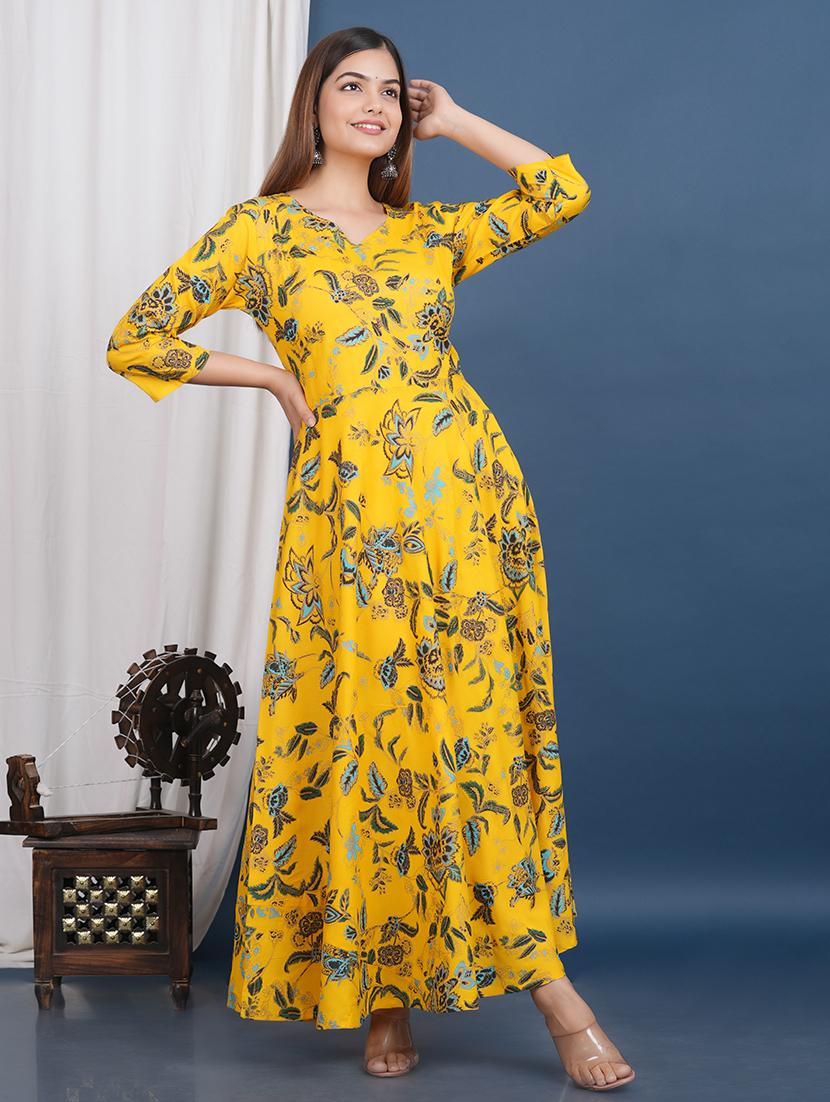 yellow viscose flared floral print kurta - 21129014 - Standard Image - 2
