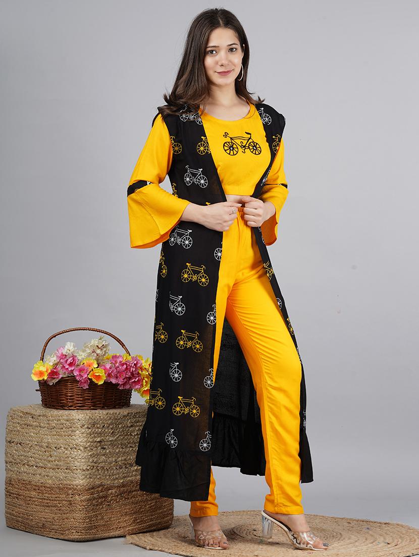 mustard & black viscose printed top, trouser & shrug co-ord set - 21129015 - Standard Image - 2