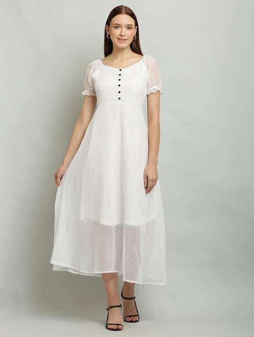 women solid puff sleeves a-line dress - 21130187 - Standard Image - 0