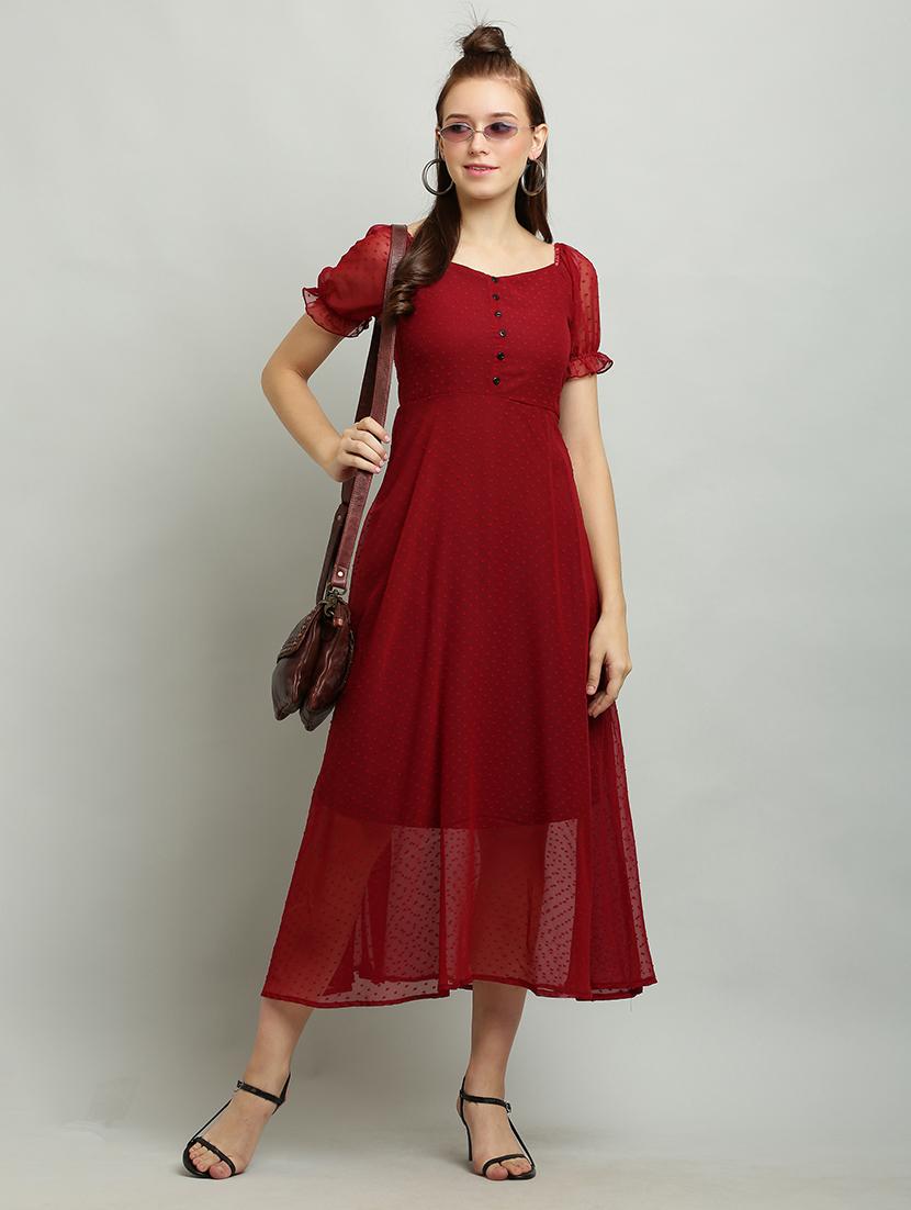 women solid puff sleeves a-line dress - 21130188 - Zoom Image - 0