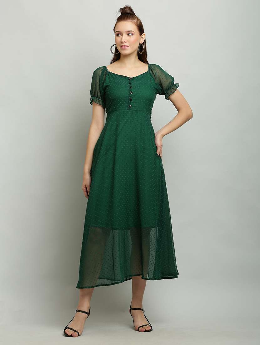 women solid puff sleeves a-line dress