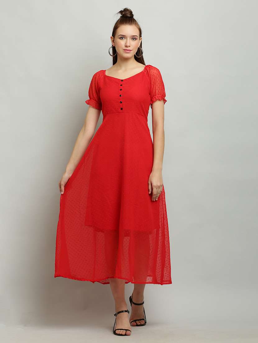 women solid puff sleeves a-line dress