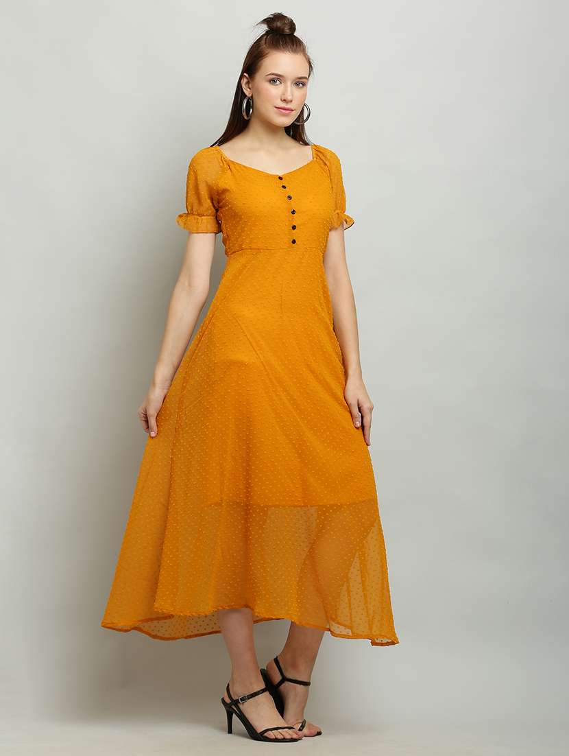 women solid puff sleeves a-line dress