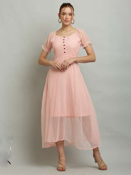 women solid puff sleeves a-line dress - 21130199 -  Standard Image - 0