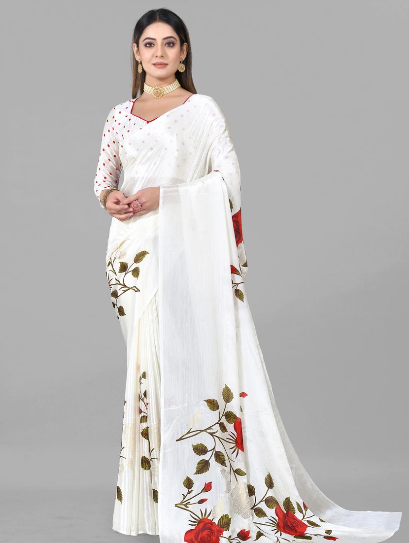 white chiffon printed saree with blouse - 21130234 -  Zoom Image - 0