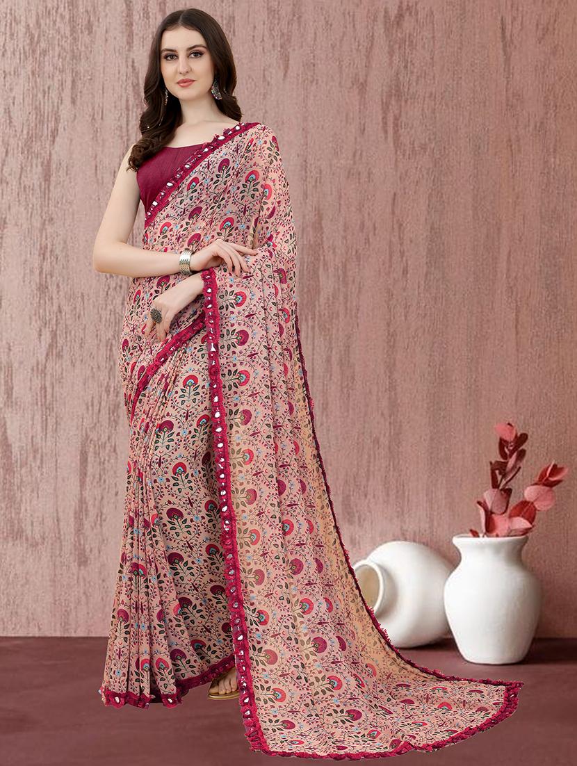 women peach printed georgette saree with blouse