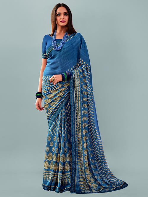 blue georgette printed saree with blouse - 21130291 -  Standard Image - 0