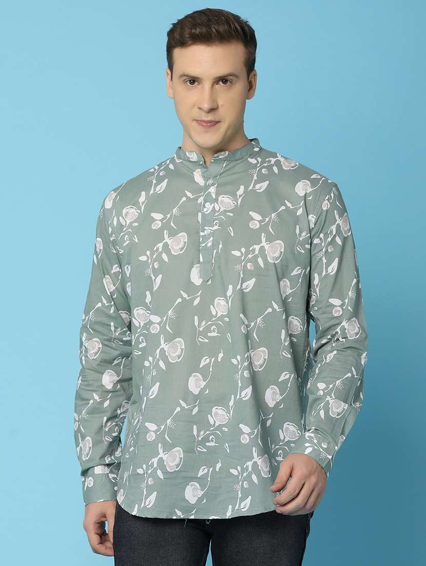 men mandarin neck printed short kurta