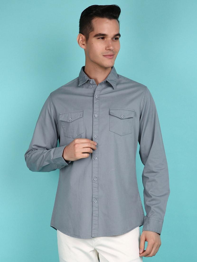 men grey regulal fit long sleeves shirt - 21130440 -  Zoom Image - 0
