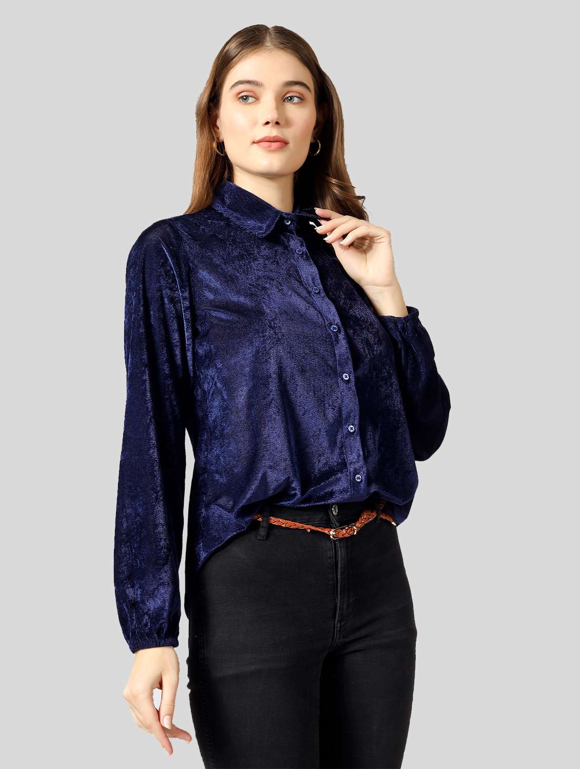 navy blue velvet shirt top