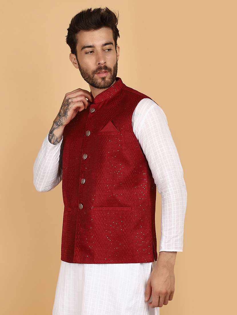 red solid with work nehru jacket - 21131063 -  Standard Image - 2