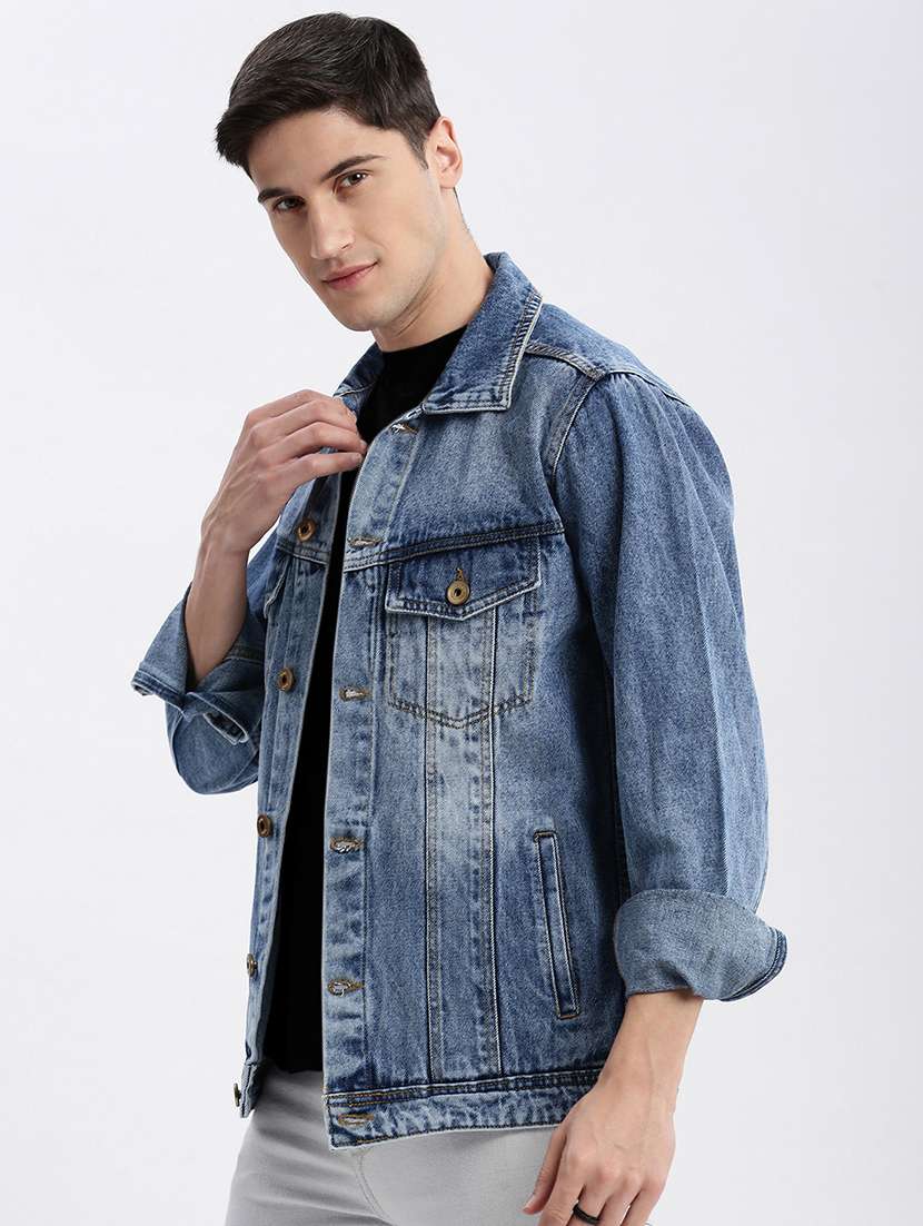men denim jacket with spread collar - 21132363 - Standard Image - 2