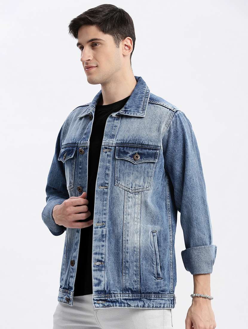 men denim jacket with spread collar - 21132364 - Standard Image - 2