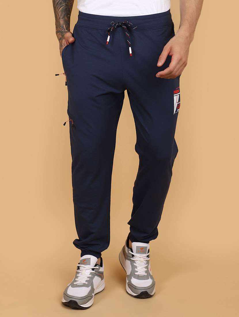 men navy blue placement print mid rise jogger