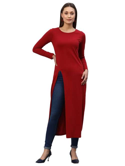 women solid long sleeves straight long top - 21134136 - Standard Image - 0