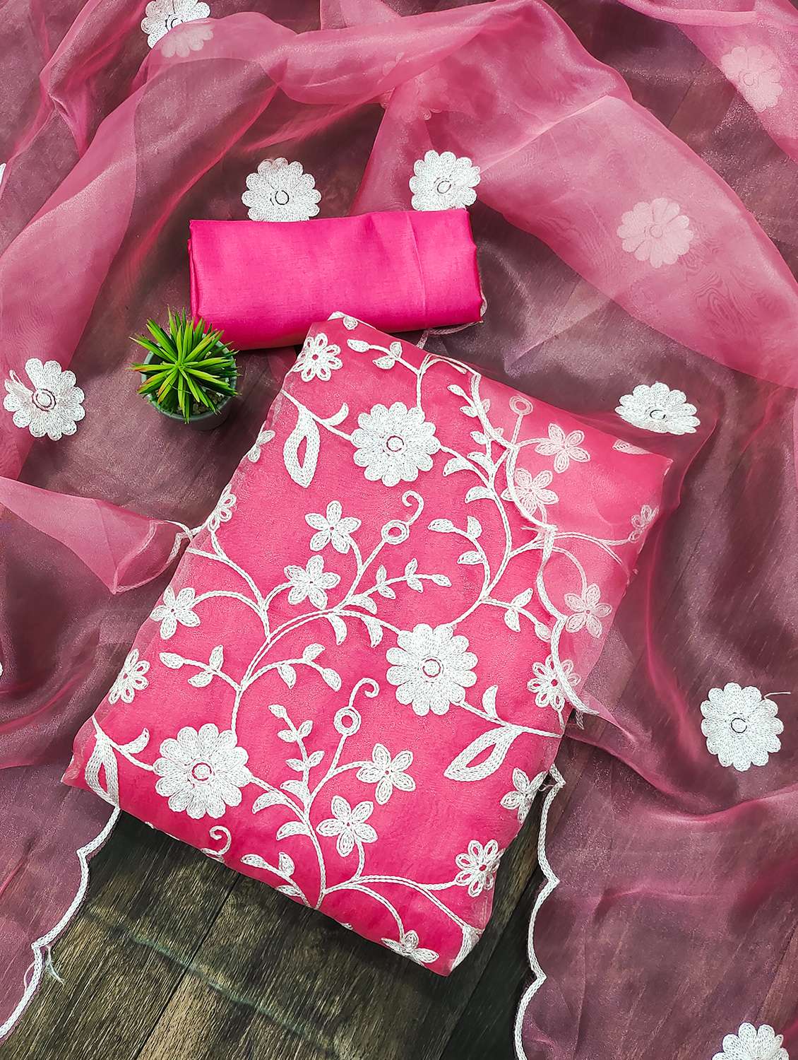 pink organza unstitched suit