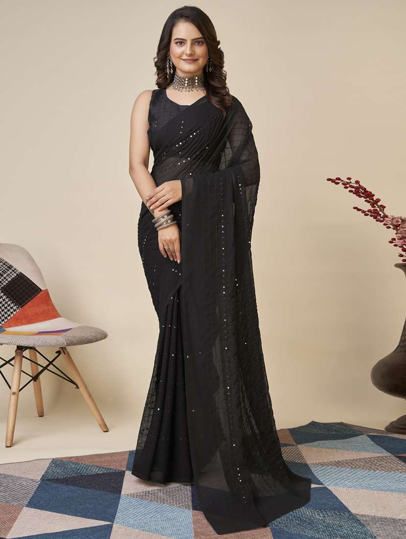 black georgette embroidered saree with blouse