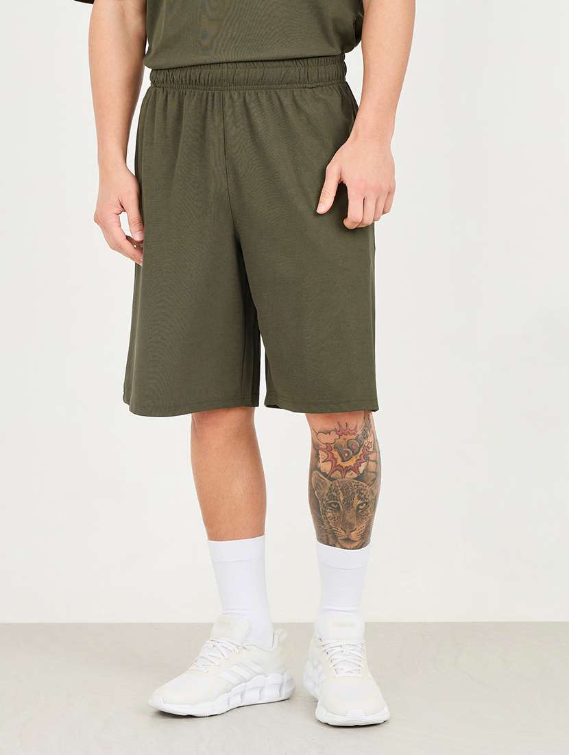 solid olive polyester short