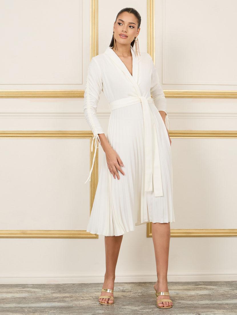 women white solid lapel neck wrap dress - 21135503 - Zoom Image - 0