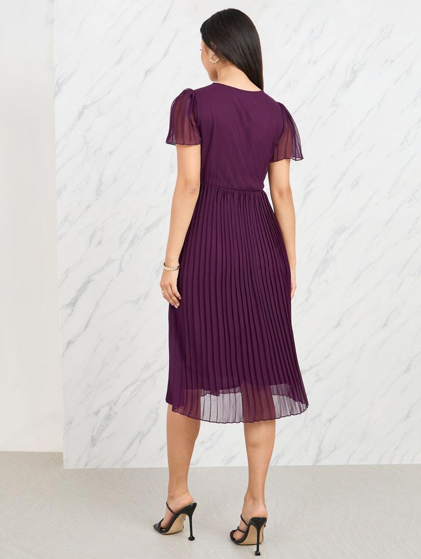 women purple solid short sleeve a-line dress - 21135585 - Standard Image - 2