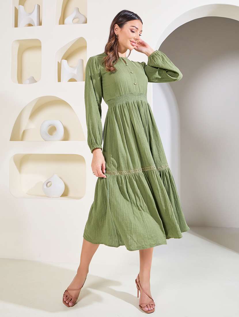 womene solid lace detailed tiered dress