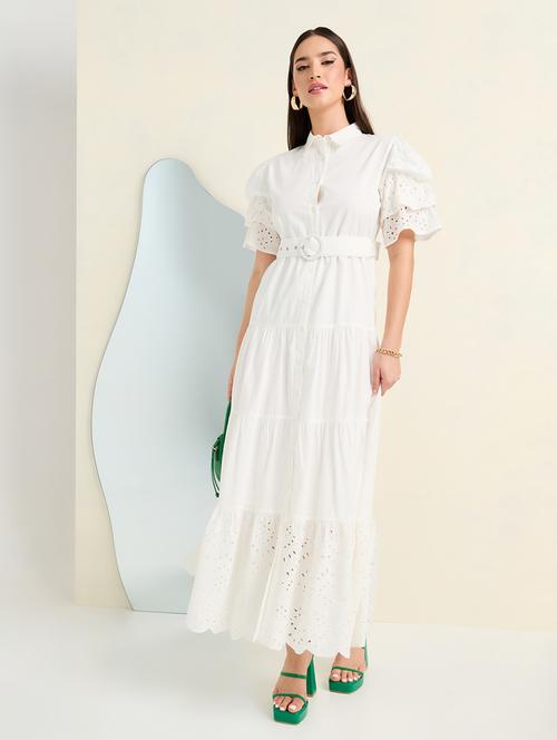 women white schiffli tiered dress - 21135617 - Standard Image - 0