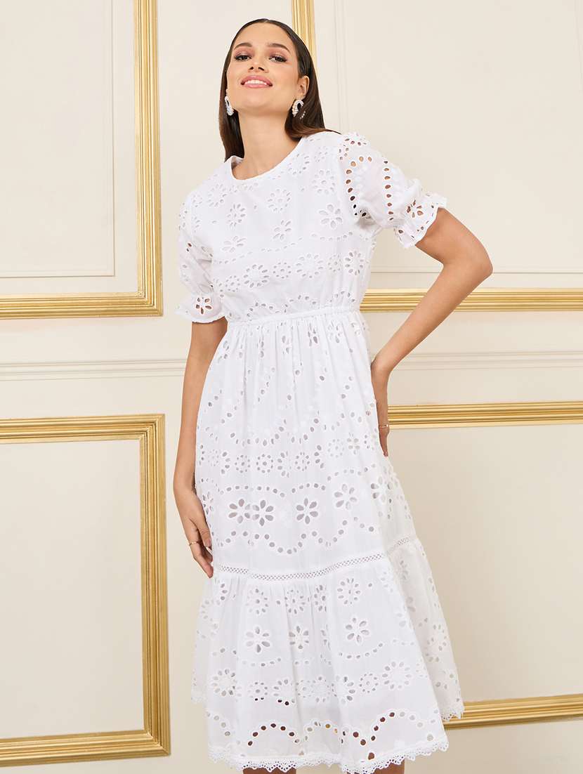 women white schiffli tiered dress - 21135618 -  Standard Image - 2