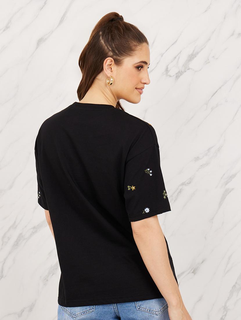 black embroidered cotton regular t-shirt - 21135652 - Standard Image - 2