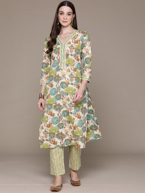 women floral v neck kurta pant set - 21135970 -  Standard Image - 0