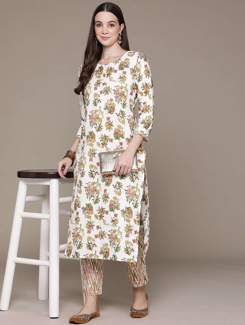 women white round neck kurta pant set 