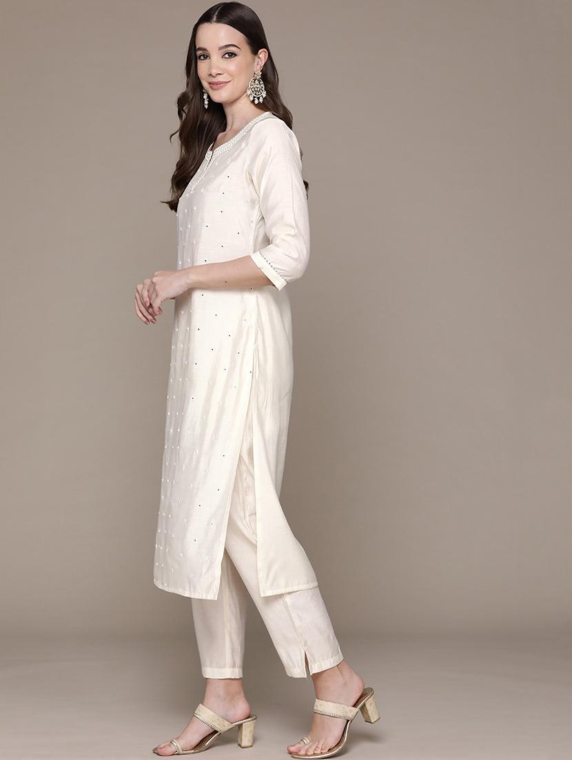 women cream notch neck kurta pant set - 21135994 - Standard Image - 2