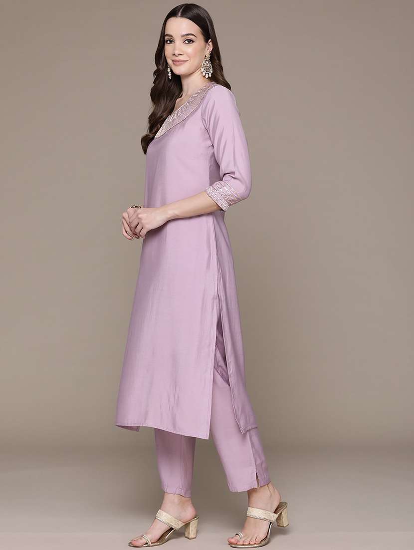 women lavender round neck kurta pant set - 21135997 -  Standard Image - 2
