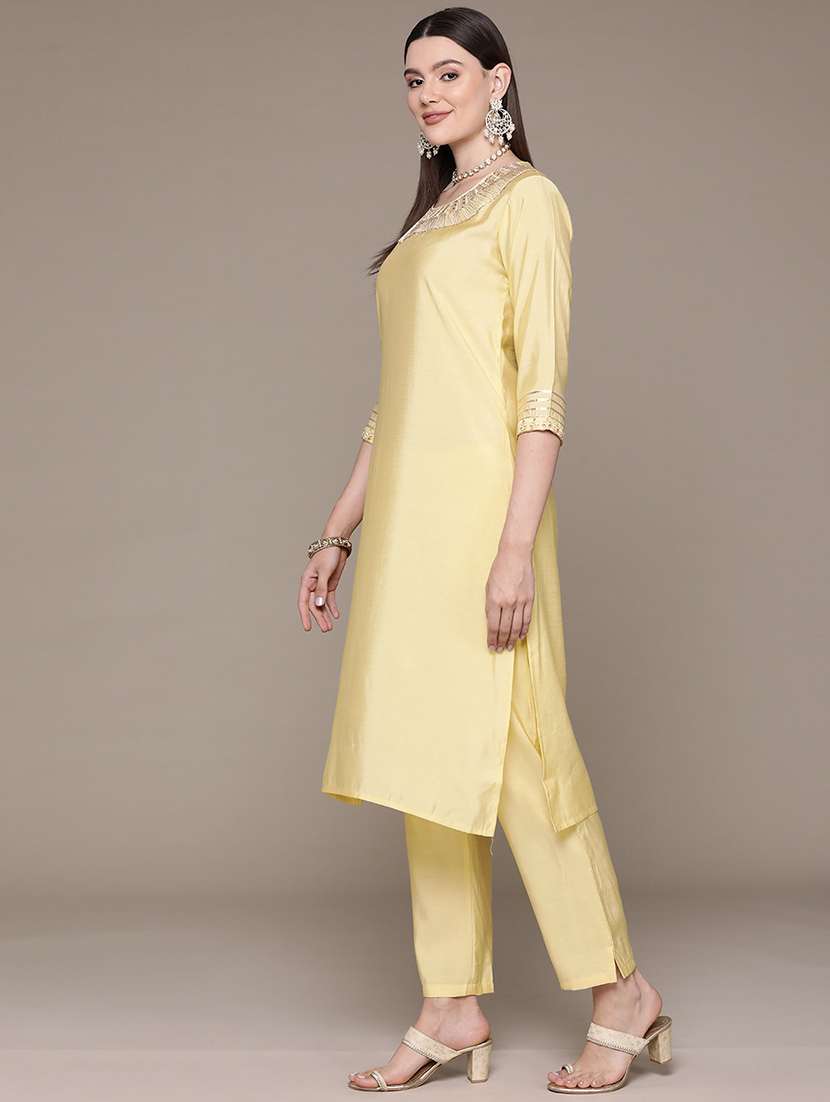 women yellow round neck kurta pant set - 21135998 -  Standard Image - 2