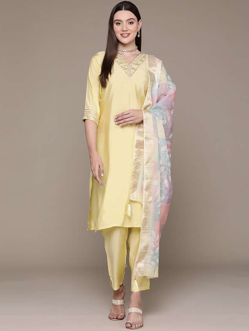 women three quarter sleeve kurta pant with dupatta set