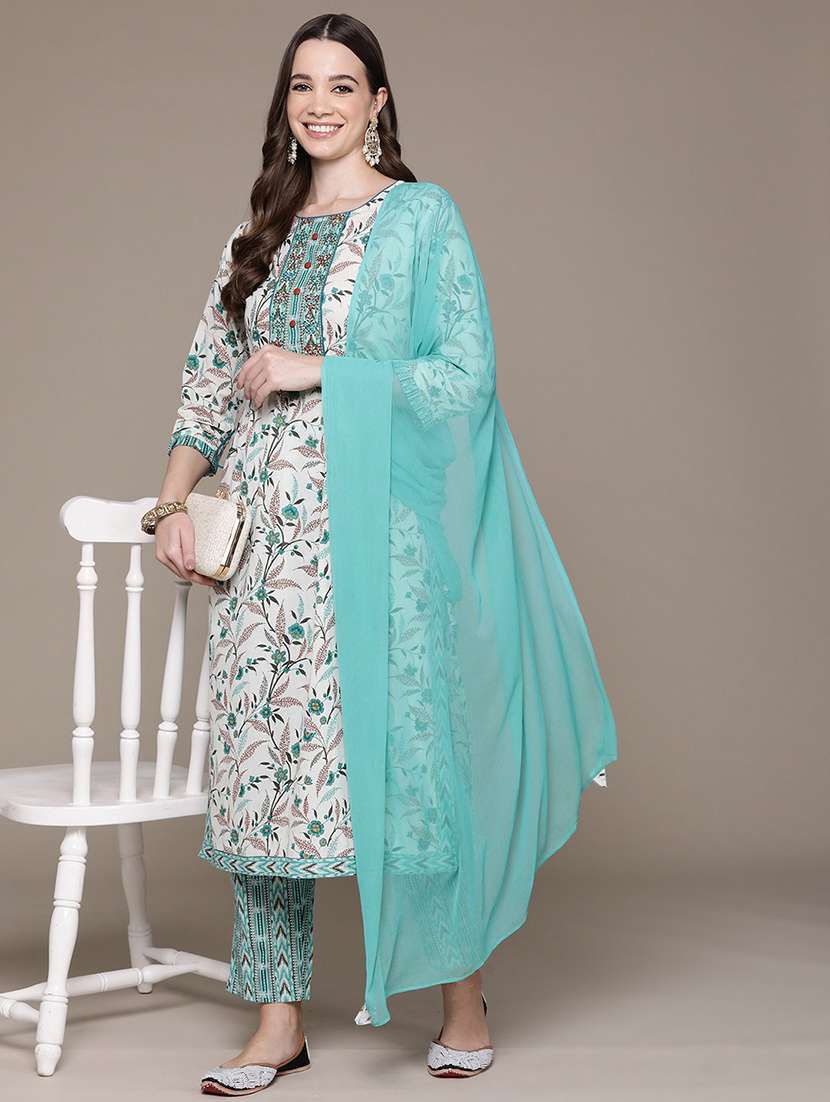 women three quarter sleeve kurta pant with dupatta set