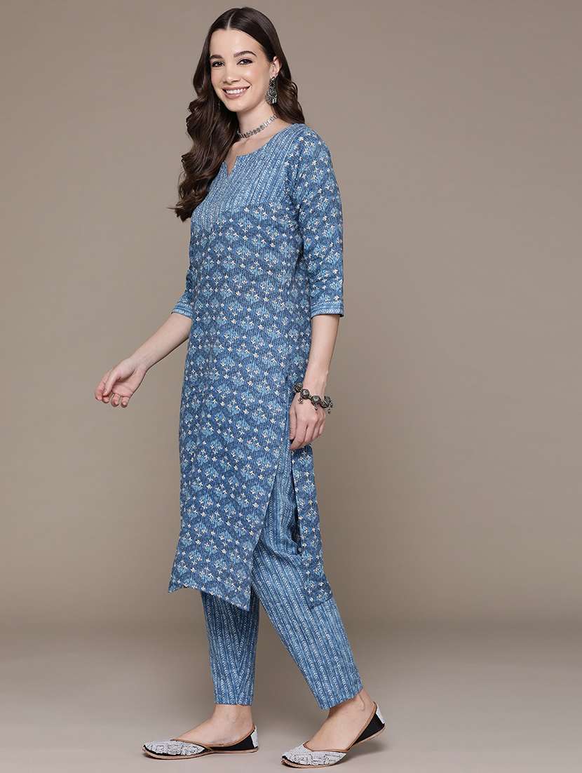 women blue three quarter sleeve kurta pant set - 21136023 -  Standard Image - 2