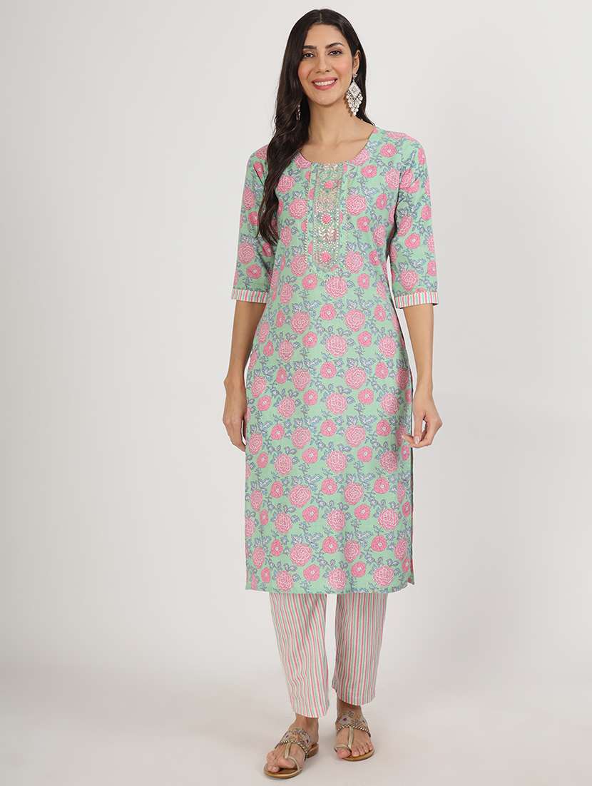 women three quarter sleeve kurta pant with dupatta set