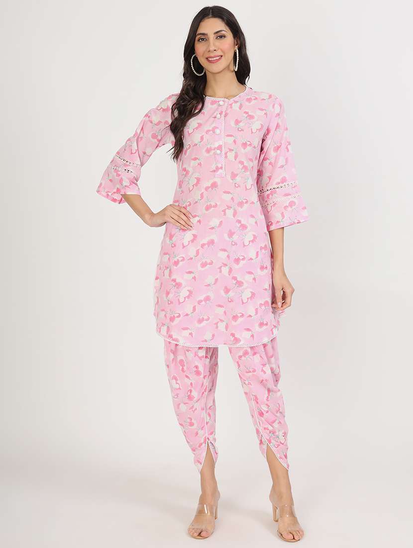 Women Pink Floral Dhoti Kurta Set