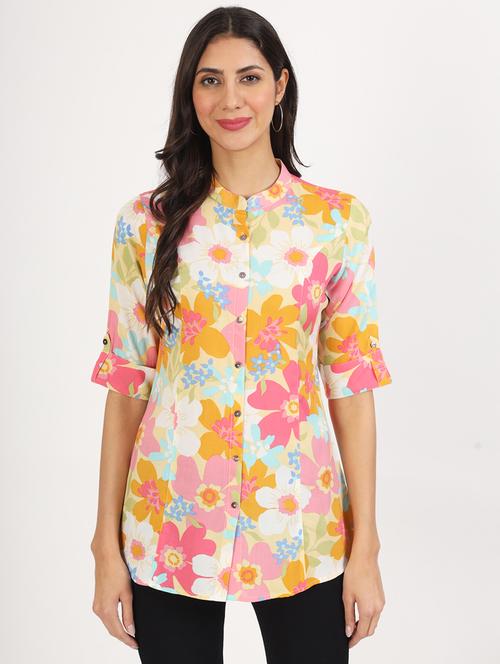women floral print roll-up sleeves regular top - 21136676 -  Standard Image - 0