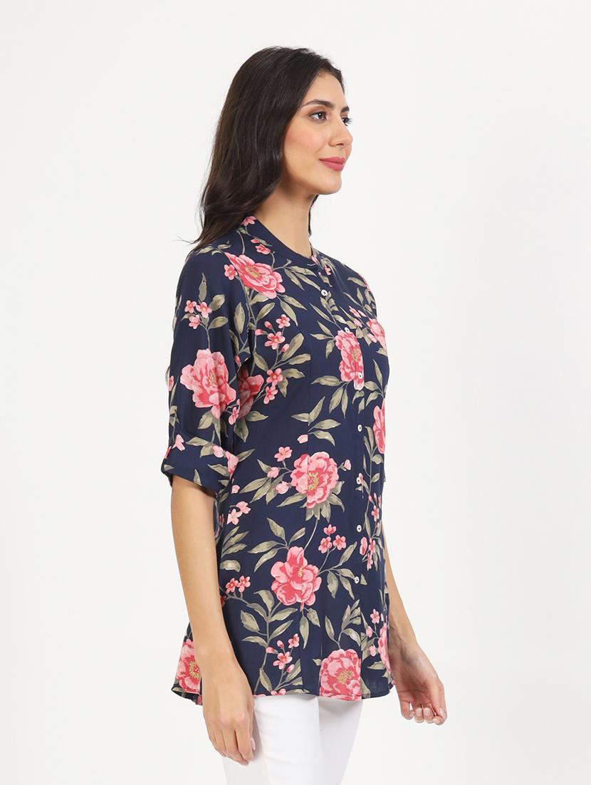 women printed roll-up sleeves a-line kurti - 21136678 - Standard Image - 2