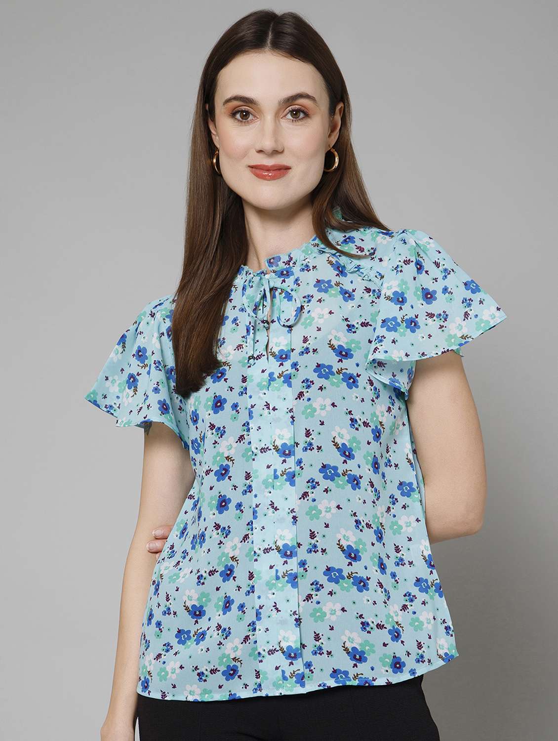 women light blue florals printed top