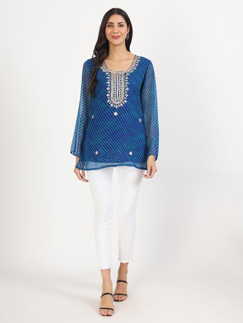 blue leheriya printed straight kurti - 21137859 -  Standard Image - 0